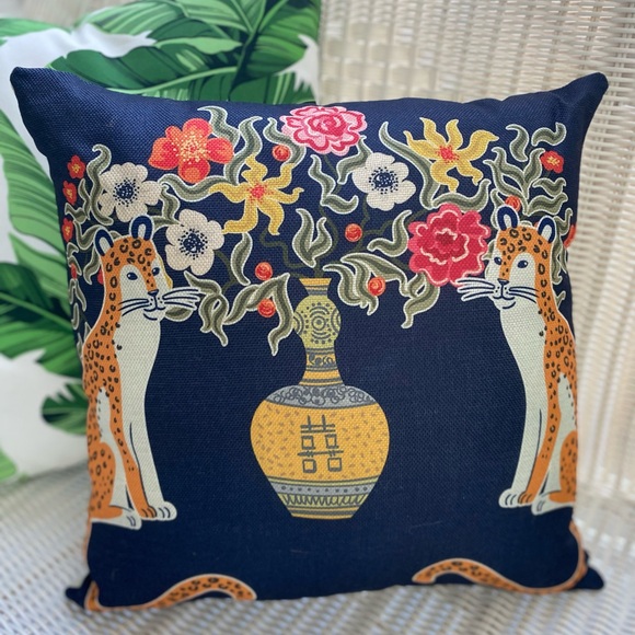 Pink Green Monkey / Blue Ginger Jars Pillow Cover w Insert 17.7” Grandmillennial - Picture 3 of 16